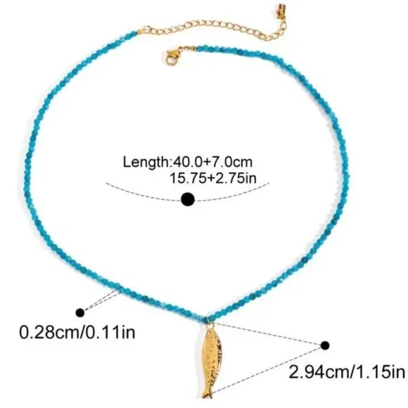 Fish Pendant + Blue Beaded Necklace Gold Fish Necklace WATERPROOF Jewelry PRETTY - Picture 9 of 11